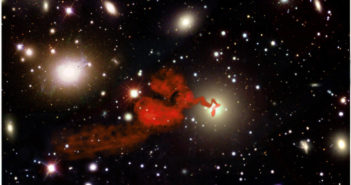 Photograph of radio emission from a jet composited with a cluster of bright galaxies.