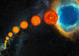 Series of illustrations of a star at different stages of life, from main sequence to red giant to planetary nebula.