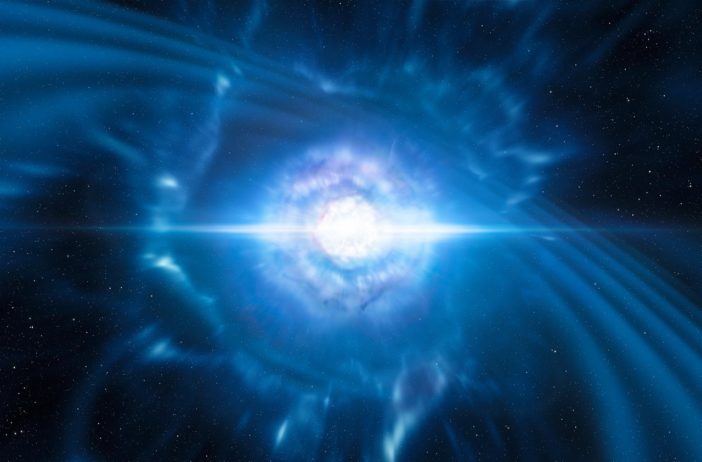 Illustration of a bright flash of light surrounded by ripples that represent gravitational waves