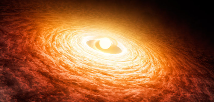 Illustration of a star surrounded by a bright, extended disk of dust and gas.