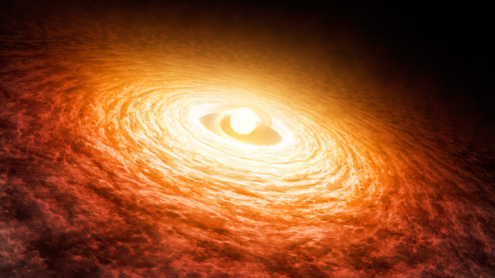Illustration of a star surrounded by a bright, extended disk of dust and gas.