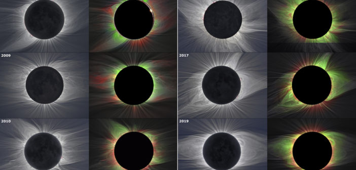 Compilation of 12 images of the sun taken during a solar eclipse, so the extended solar corona and streams of solar wind are visible.