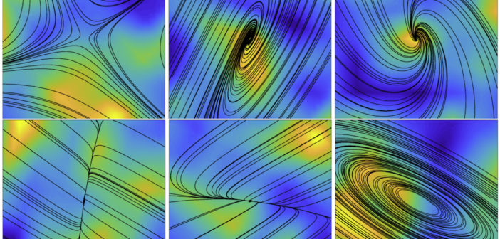 Six panels show different magnetic field line configurations where reconnection may occur.