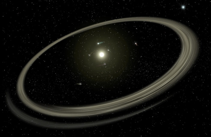 illustration of a star circled by a handful of orbiting planets and a wide, thin dust ring.