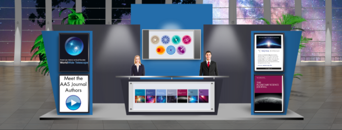 Illustration of two avatars standing at a virtual booth that is set up with AAS Publishing logos and signage.