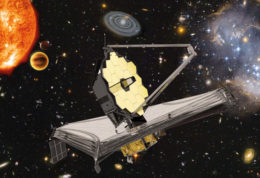 Illustration of a spacecraft in front of the solar system, an exoplanet, a nebula, and distant galaxies.