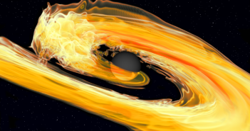 Still from a simulation showing a tidal stream of neutron-star matter accreting onto a black hole.