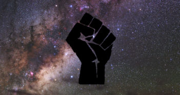 BlackLivesMatter logo of an upheld, closed fist, superposed on a photograph of the Milky Way.