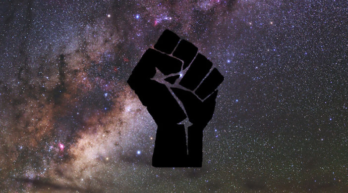 BlackLivesMatter logo of an upheld, closed fist, superposed on a photograph of the Milky Way.