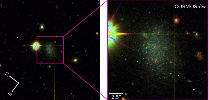 Two images — one wide-field and one zoomed in — show a small, compact dwarf galaxy.