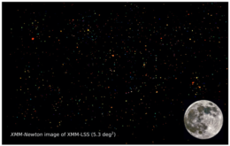 Illustration of a field full of colored X-ray sources. The full moon sits in the corner of the image.