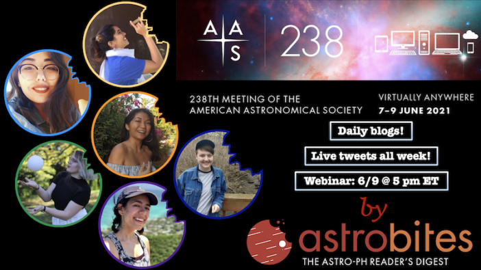 Poster illustration featuring 6 photos of people and the astrobites and AAS238 logos.