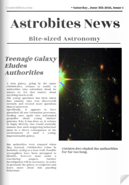 A mock-up of a daily newspaper front page named "Astrobites News". The headline of the article is "Teenage Galaxy Eludes Authorities" and an image of a galaxy is captioned "COSMOS-dw1 eluded authorities for far too long." 