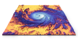 3D thermal map showing the eye of a hurricane as viewed from above.