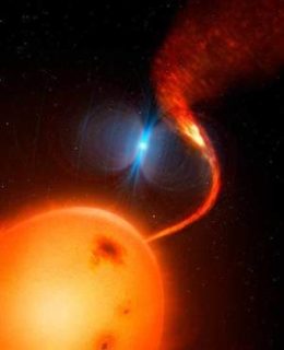 Illustration of a star with a wiggly streamer of gas coming off of it, and a white dwarf in the background.