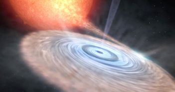 illustration of a bright accretion disk surrounding a black hole in the foreground, siphoning matter from a background, orange star.