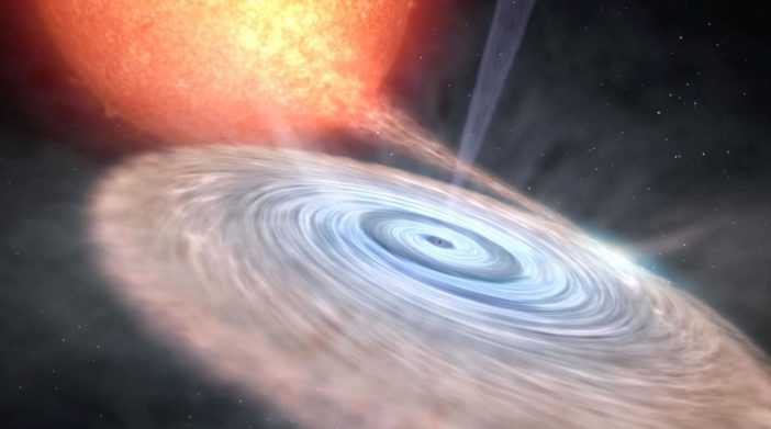 illustration of a bright accretion disk surrounding a black hole in the foreground, siphoning matter from a background, orange star.