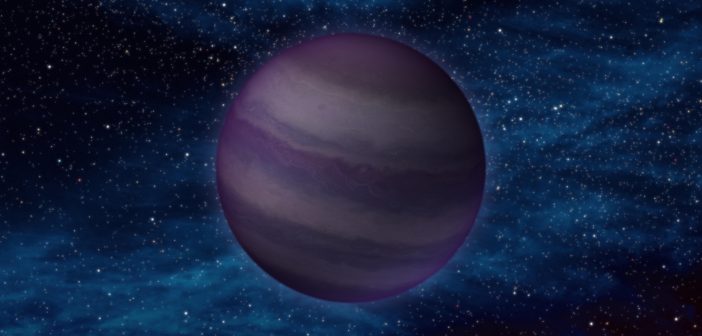 Illustration of a dark, purple, banded planet against the night sky.
