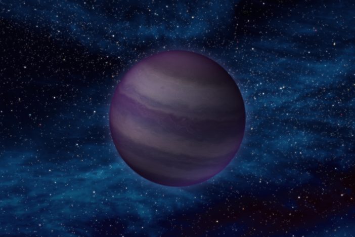 Illustration of a dark, purple, banded planet against the night sky.
