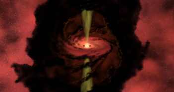 Illustration of a star enshrouded by material and emitting jets from its poles.