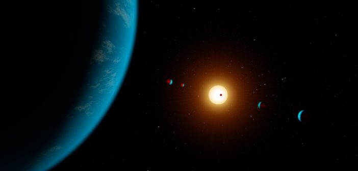Illustration of a large, watery planet in the foreground and an additional 5 planets in the background around a bright star.