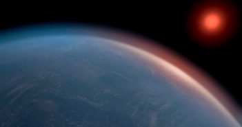 How Do You Find the Surface of an Exoplanet? Ask Its Atmosphere! Illustration of the top portion of a watery exoplanet with a thin atmosphere, with a dim red star in the background.