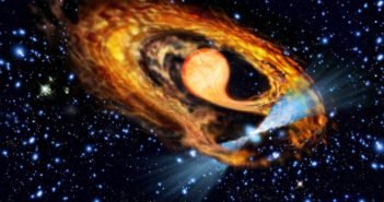 Illustration of a pulsar and disrupted star in a binary
