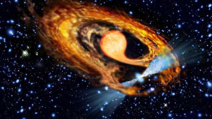 Illustration of a pulsar and disrupted star in a binary