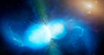 Illustration of two bright blue bodies colliding and emitting jets of matter in the process.
