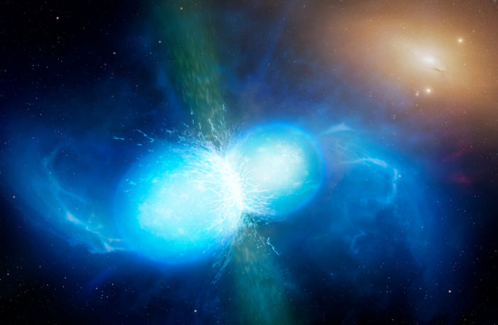 Illustration of two bright blue bodies colliding and emitting jets of matter in the process.