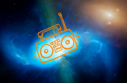 Illustration of a radio overlaid on top of an image of colliding neutron stars.