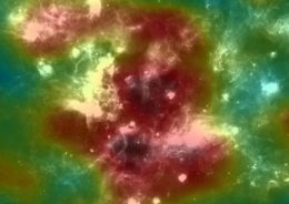 Image of a complicated star-forming nebula with bright regions of gamma-ray emission