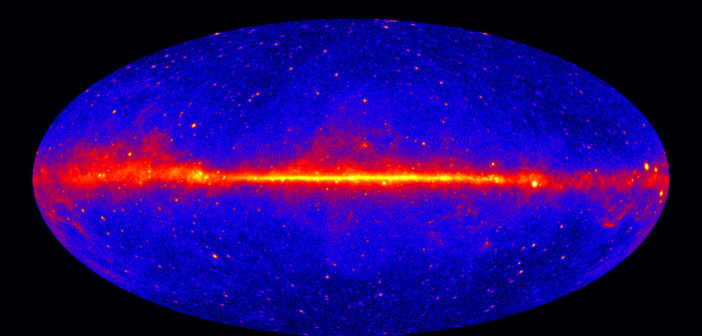 Map of the sky shows a bright band of gamma-ray emission across the center.