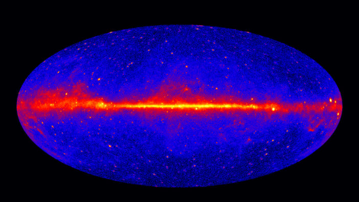 Map of the sky shows a bright band of gamma-ray emission across the center.