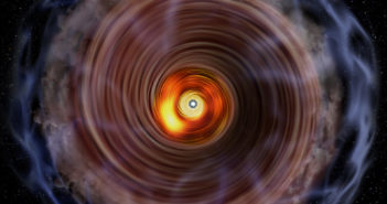 Illustration of a disk of gas spiraling onto a bright protostar.