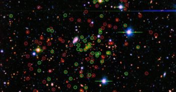 Image of a vast collection of galaxies with many of them circled in red or green.