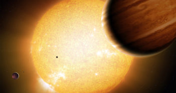 Illustration of a gas giant in the foreground and a large yellow star, orbited by several other planets, in the background.