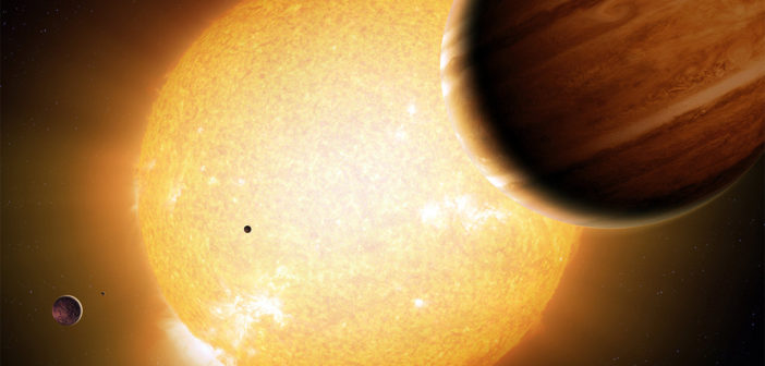 Illustration of a gas giant in the foreground and a large yellow star, orbited by several other planets, in the background.