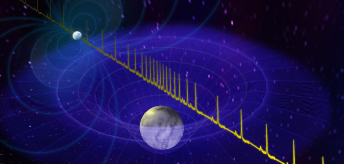 Illustration of a pulsar in the background exhibiting magnetic field lines looping between its poles. The pulse signal from this object extends into the foreground, where warped spacetime around a white dwarf causes the pulses to space out.