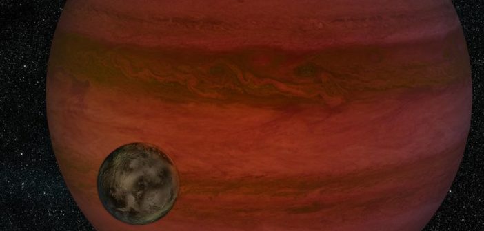 Illustration of a faint, red gas giant planet orbited by a dark, rocky body.