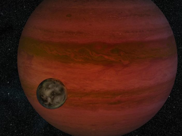 Illustration of a faint, red gas giant planet orbited by a dark, rocky body.