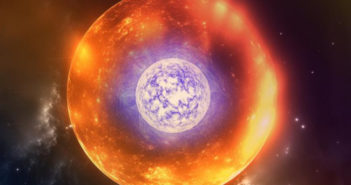 An artist's depiction of a Thorne-Zytkow object. The image shows a blue-ish/white sphere representing the neutron star core inside of a larger reddish-orange sphere, representing the red supergiant.