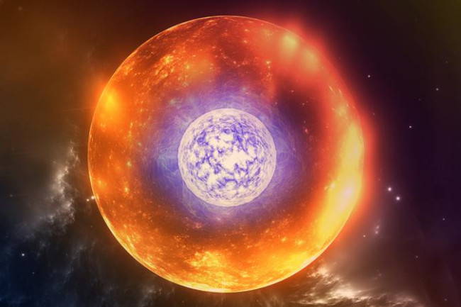 An artist's depiction of a Thorne-Zytkow object. The image shows a blue-ish/white sphere representing the neutron star core inside of a larger reddish-orange sphere, representing the red supergiant.