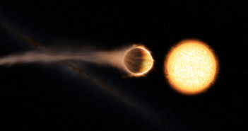 Illustration of a planet with an extended tail of gas trailing behind it. The planet's host star lies nearby.
