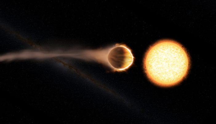 Illustration of a planet with an extended tail of gas trailing behind it. The planet's host star lies nearby.