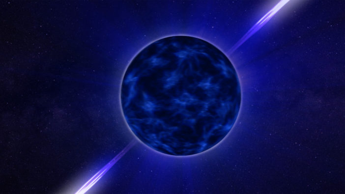 Illustration of a compact star with beams of light emitting from its poles.