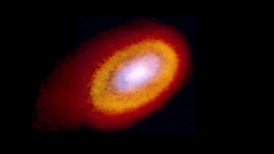 Gif animation shows different views of the disk around Elias 2-27 at different wavelengths