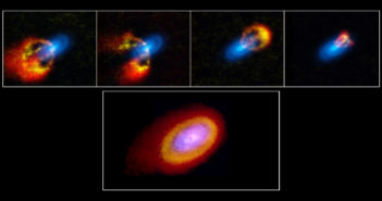 Five images show different gas velocity components of an elliptical protoplanetary disk surrounding a young star.