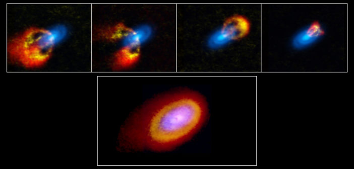 Five images show different gas velocity components of an elliptical protoplanetary disk surrounding a young star.