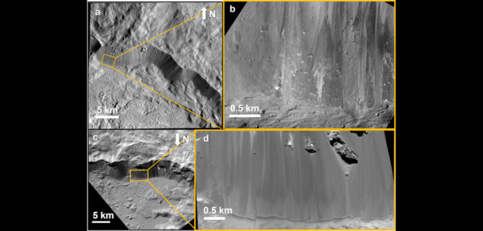 Set of four images showing close-ups of the rocky surface of Ceres.